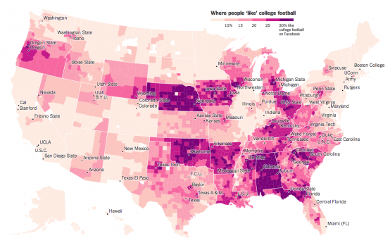 This New York Times map shows the places in America where college football means the most. Data sourced from Facebook; stadium locations from football-reference.com