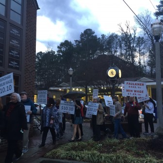 Protesters gathered in  Mountain Brook in favor of higher minimum wage. Tuesday, February 16. 