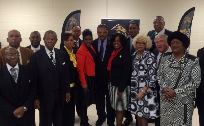 Reverend Jesse Jackson, Sr. poses with Birmingham political and religious leaders. 