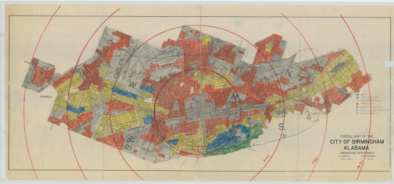 A "redlining" map of Birmingham from the 1930s. Click to view a larger version.