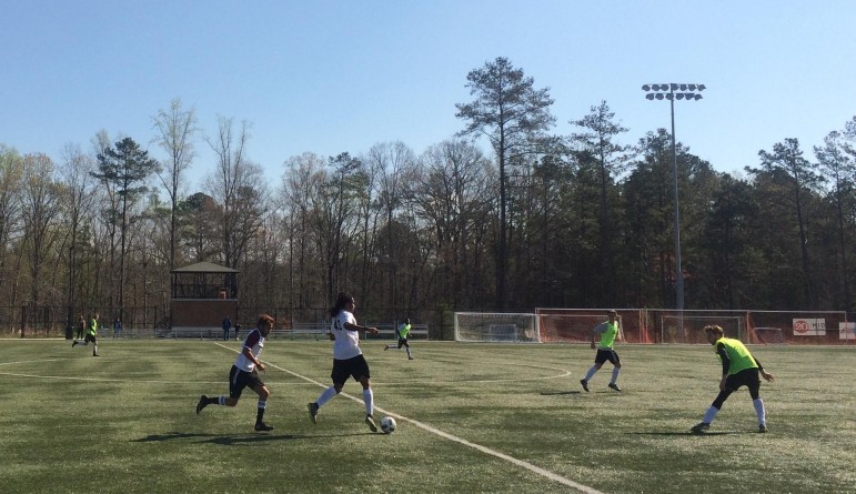 Players scrimmage at tryouts for the Birmingham Hammers in April.  