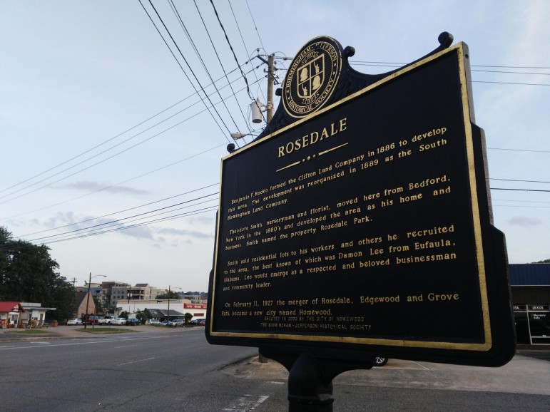 This sign, located at the corner of 18th Street South and 26th Avenue South, summarizes the history of Rosedale.
