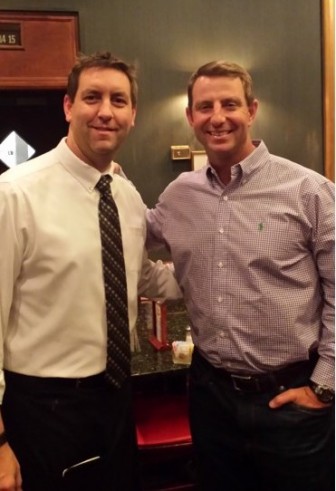 Working in food service has its perks. Here's Bright Star server Brett Collins (L) with Clemson University football head coach Dabo Swinney in 2016.