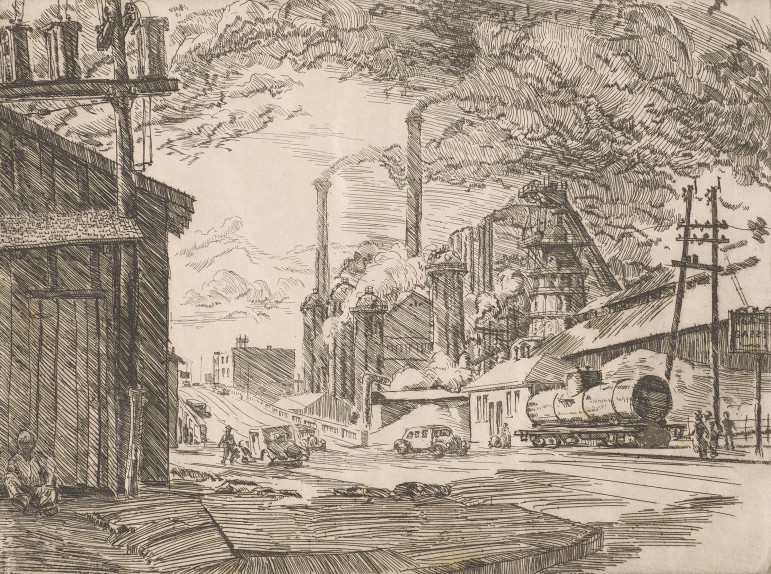 Richard B. Coe, American 1904–1978, Sloss Furnaces, about 1935, etching on paper; Collection of the Art Fund, Inc. at the Birmingham Museum of Art; Gift of John Peter Crook McCall and Doy Leale McCall, III